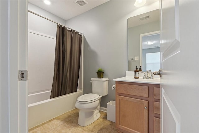 full bathroom with toilet, shower / tub combo, visible vents, and vanity