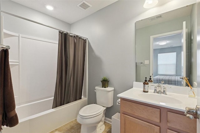 full bathroom with toilet, visible vents, shower / bath combo with shower curtain, and vanity