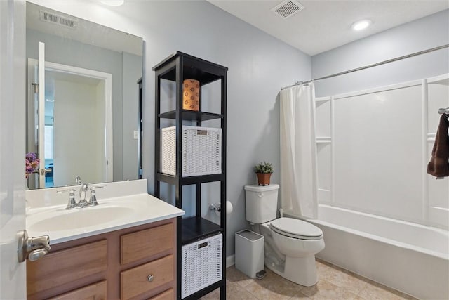 bathroom with shower / tub combo, visible vents, vanity, and toilet