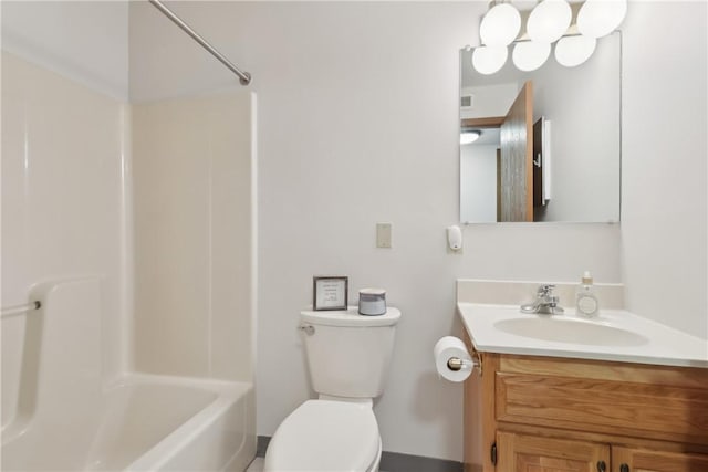 full bath with shower / washtub combination, vanity, and toilet