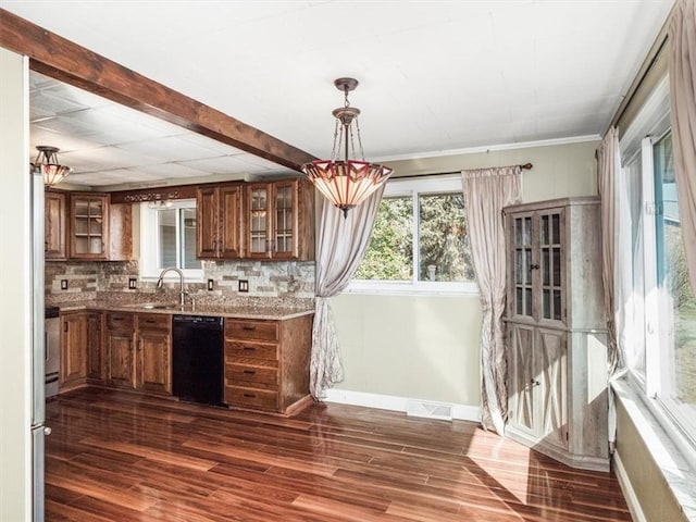 bar featuring black dishwasher, visible vents, dark wood finished floors, and decorative backsplash