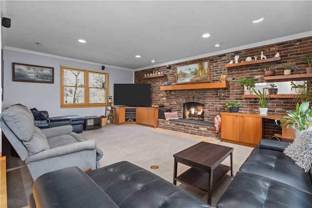 living area with crown molding, a fireplace, light colored carpet, and brick wall