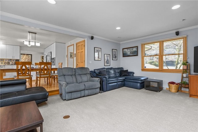 1921 Garrick Dr, Churchill Boro, PA 15235 - carpeted living room with ornamental molding, recessed lighting, and baseboards