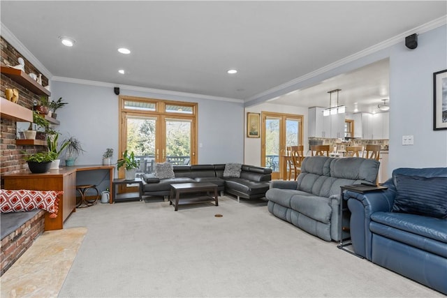 living room featuring recessed lighting, ornamental molding, and carpet flooring