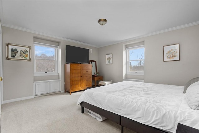 carpeted bedroom featuring baseboards, multiple windows, and ornamental molding