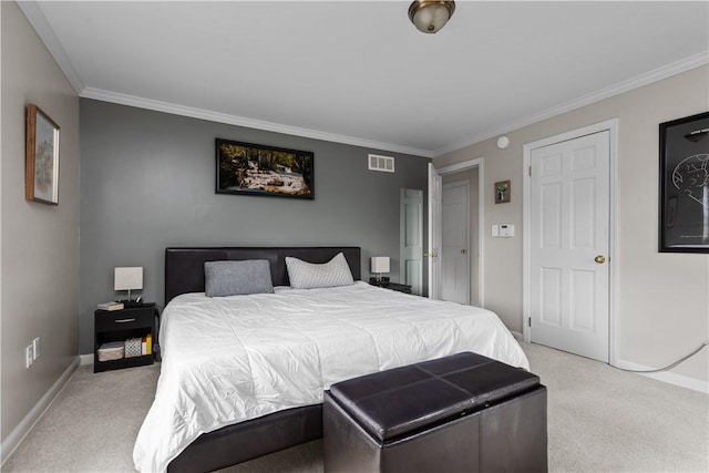 bedroom with crown molding, baseboards, visible vents, and light carpet