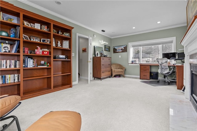 office space with recessed lighting, baseboards, light carpet, and ornamental molding