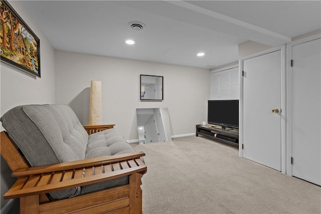 sitting room featuring recessed lighting, visible vents, baseboards, and carpet flooring