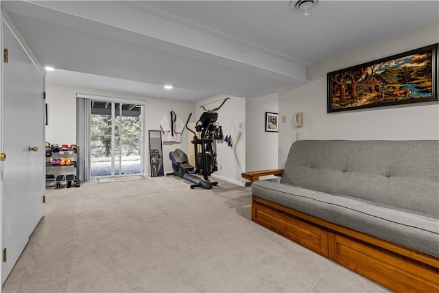 exercise area featuring recessed lighting, baseboards, and carpet floors