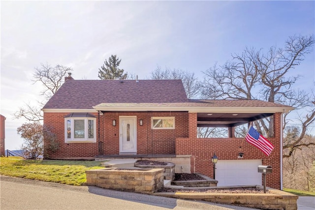 view of front of property with a shingled roof, brick siding, and a chimney