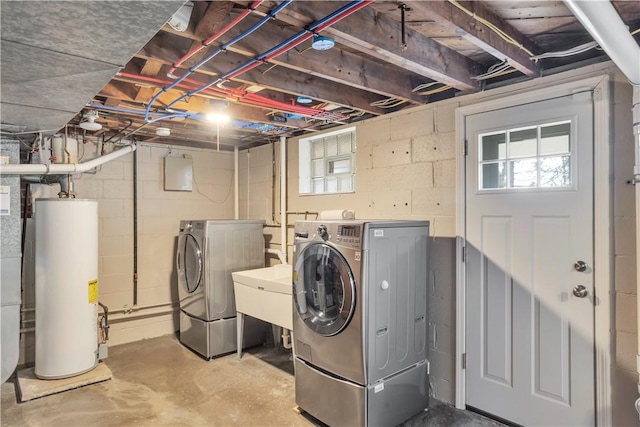 laundry room featuring laundry area, water heater, a sink, and washing machine and clothes dryer