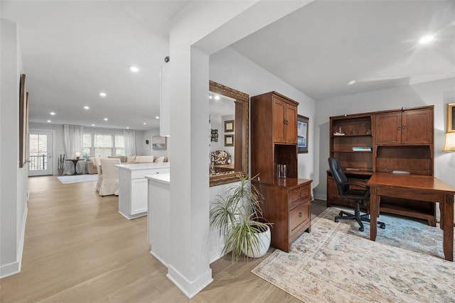 office area featuring baseboards, recessed lighting, and light wood-style floors