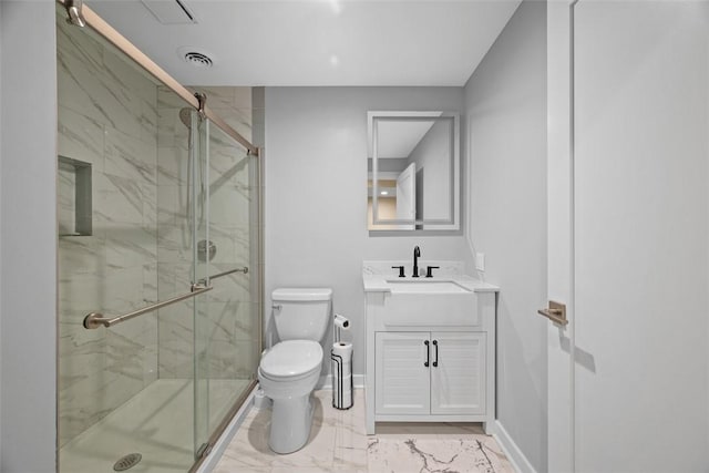 bathroom with toilet, marble finish floor, a shower stall, and visible vents