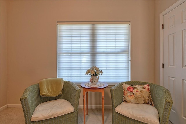 sitting room featuring carpet and baseboards