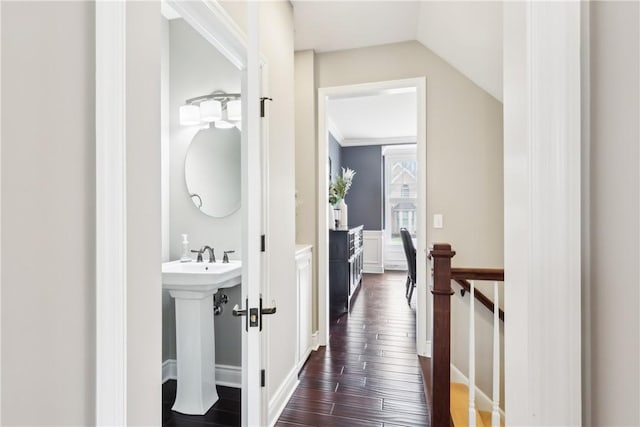 corridor with lofted ceiling, dark wood finished floors, and a sink