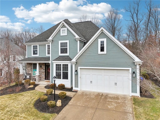 traditional home featuring a front yard, stone siding, roof with shingles, and driveway