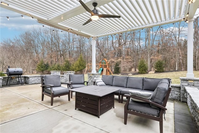 view of patio / terrace featuring an outdoor hangout area, grilling area, a playground, and a ceiling fan