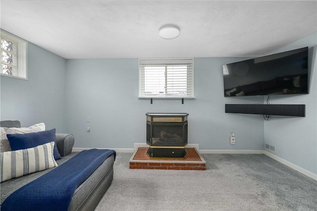 living room featuring carpet, a wood stove, visible vents, and baseboards