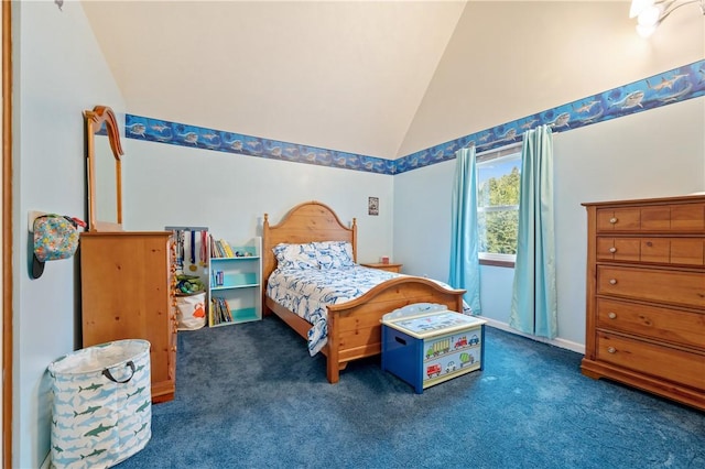 carpeted bedroom with vaulted ceiling