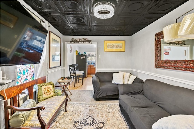 living room with an ornate ceiling