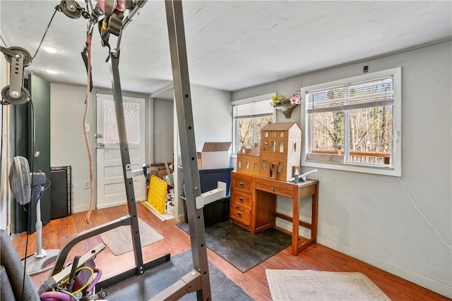 exercise area featuring a baseboard radiator, baseboards, and wood finished floors