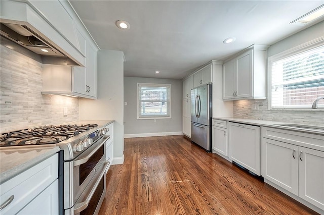 kitchen with a sink, appliances with stainless steel finishes, a wealth of natural light, dark wood-style floors, and custom range hood