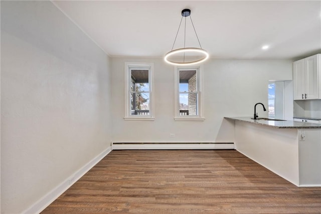 unfurnished dining area featuring a baseboard heating unit, a sink, baseboards, and dark wood-style floors