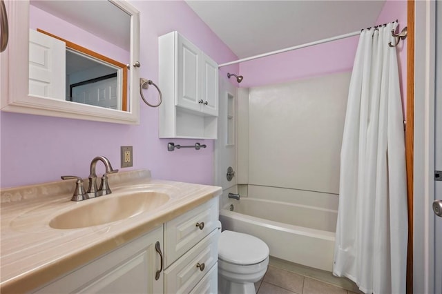 bathroom with toilet, shower / bathtub combination with curtain, vanity, and tile patterned floors