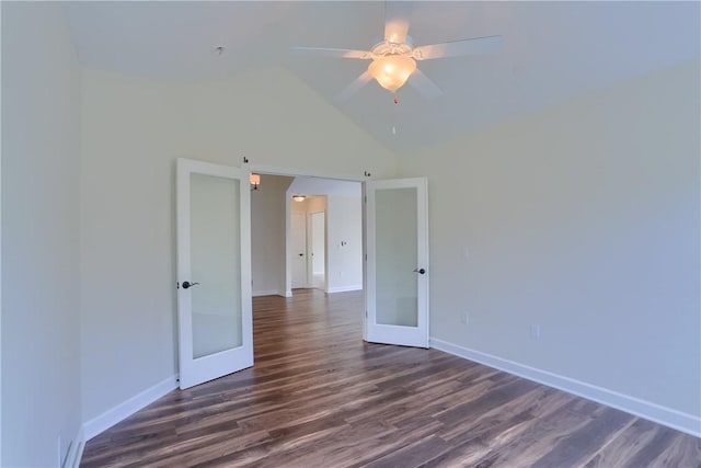 empty room featuring ceiling fan, french doors, baseboards, and dark wood finished floors