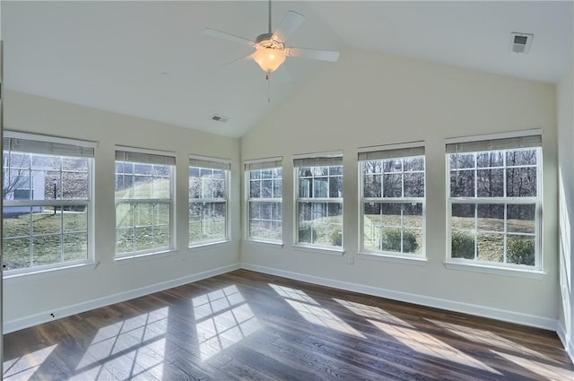 unfurnished sunroom featuring visible vents, a ceiling fan, and lofted ceiling