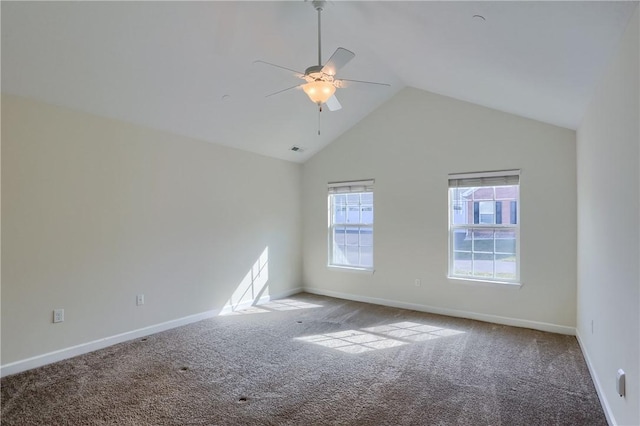 carpeted spare room featuring visible vents, baseboards, ceiling fan, and high vaulted ceiling