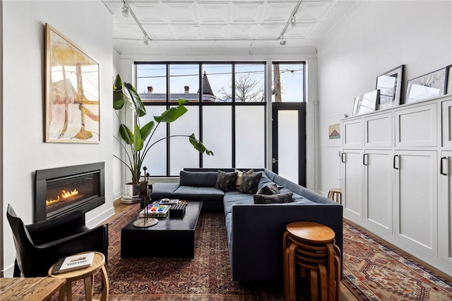 living room featuring wood finished floors, an ornate ceiling, a glass covered fireplace, and rail lighting