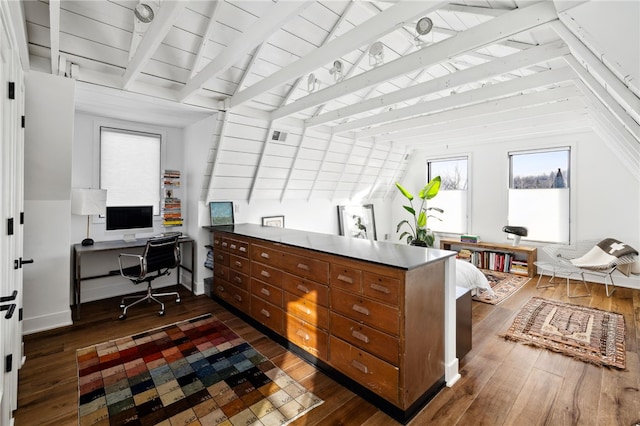 home office featuring vaulted ceiling with beams and dark wood-type flooring