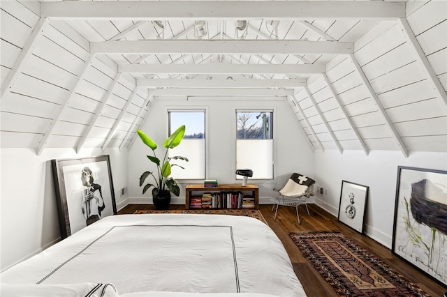 additional living space featuring vaulted ceiling with beams, dark wood finished floors, and baseboards