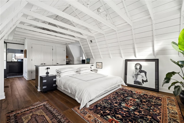 bedroom with wood ceiling, dark wood-style flooring, lofted ceiling with beams, and baseboards