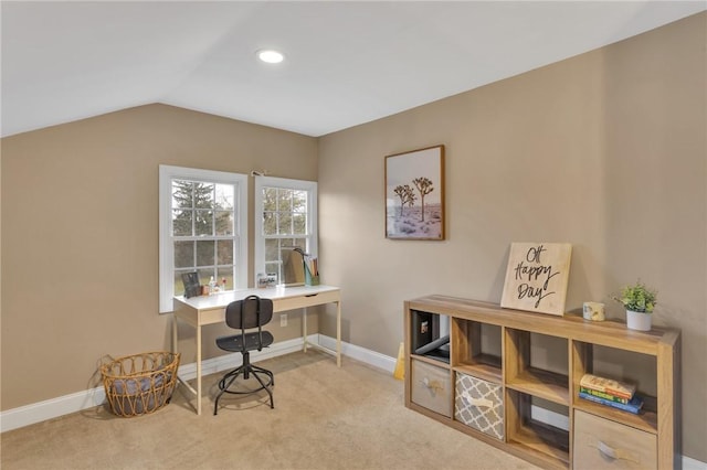 office area with lofted ceiling, carpet, and baseboards