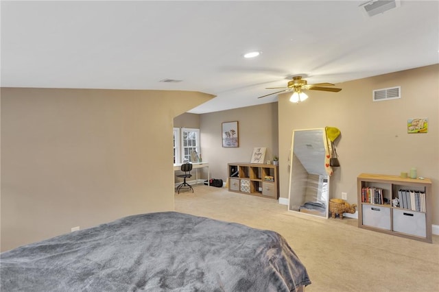 bedroom featuring ceiling fan, carpet floors, visible vents, and baseboards