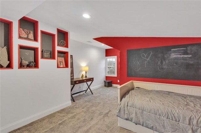 carpeted bedroom with recessed lighting and baseboards