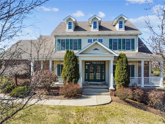 view of front of home with french doors, a shingled roof, and brick siding