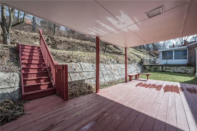 deck featuring fence and stairs