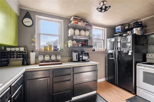 kitchen featuring black fridge with ice dispenser, light countertops, white electric range, light wood-style floors, and open shelves