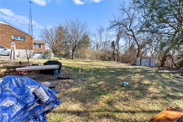 view of yard with a storage shed, a patio area, an outbuilding, and fence