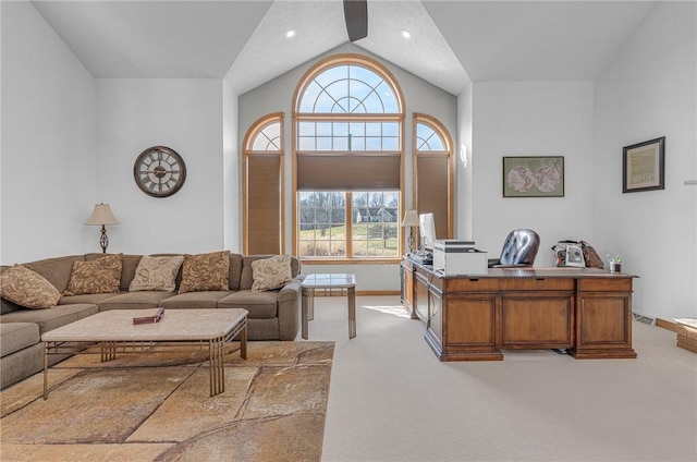 living room with light carpet, recessed lighting, baseboards, and lofted ceiling