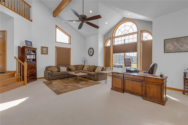 carpeted living area featuring recessed lighting, a ceiling fan, high vaulted ceiling, baseboards, and stairs