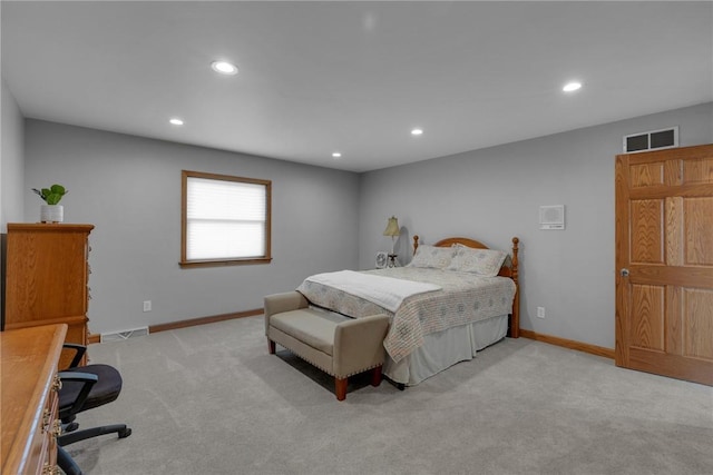 carpeted bedroom featuring baseboards, visible vents, and recessed lighting