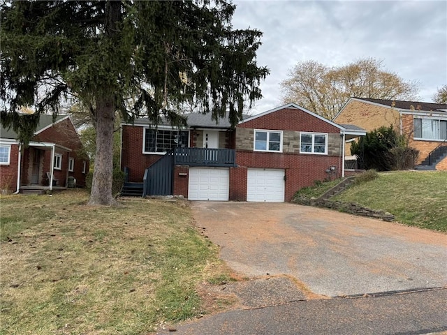 view of front of property featuring an attached garage, brick siding, stairs, driveway, and a front yard