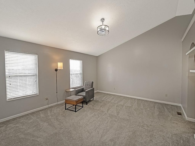 unfurnished room featuring carpet, lofted ceiling, and a textured ceiling