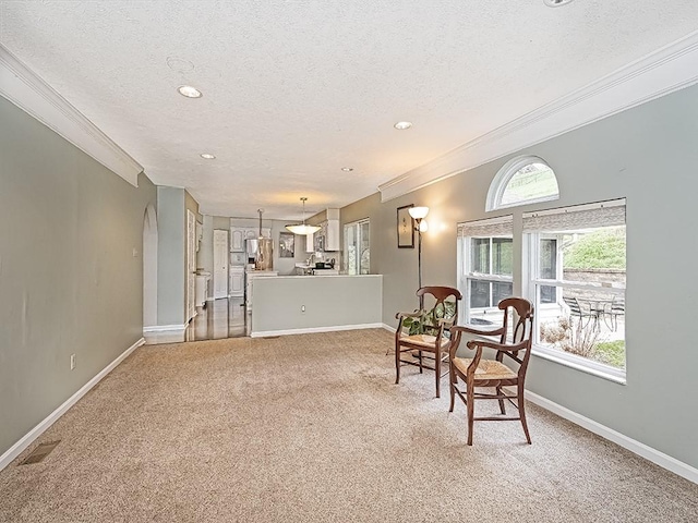 dining area with crown molding, light carpet, and a textured ceiling