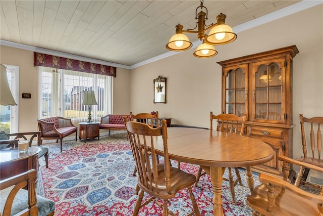 dining space with ornamental molding, wood ceiling, and an inviting chandelier