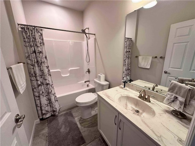 full bath featuring vanity, toilet, and shower / bathtub combination with curtain